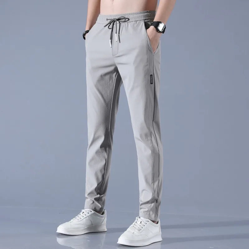 2024 Ice Silk Men's Pants Summer New Black Gray Thin Business Casual Pants Outdoor Elastic Breathable Straight Leg Sweatpants