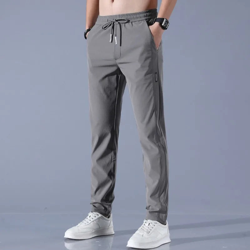 2024 Ice Silk Men's Pants Summer New Black Gray Thin Business Casual Pants Outdoor Elastic Breathable Straight Leg Sweatpants