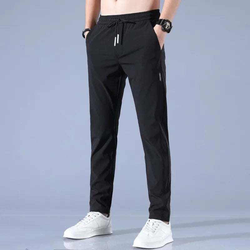 2024 Ice Silk Men's Pants Summer New Black Gray Thin Business Casual Pants Outdoor Elastic Breathable Straight Leg Sweatpants