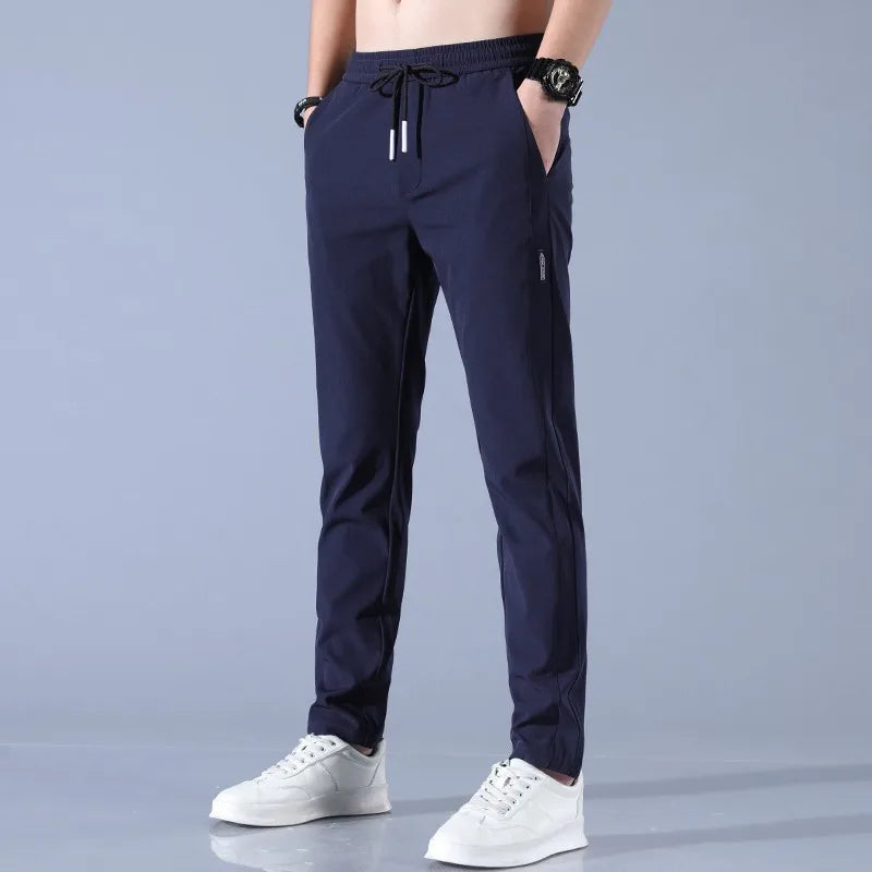 2024 Ice Silk Men's Pants Summer New Black Gray Thin Business Casual Pants Outdoor Elastic Breathable Straight Leg Sweatpants