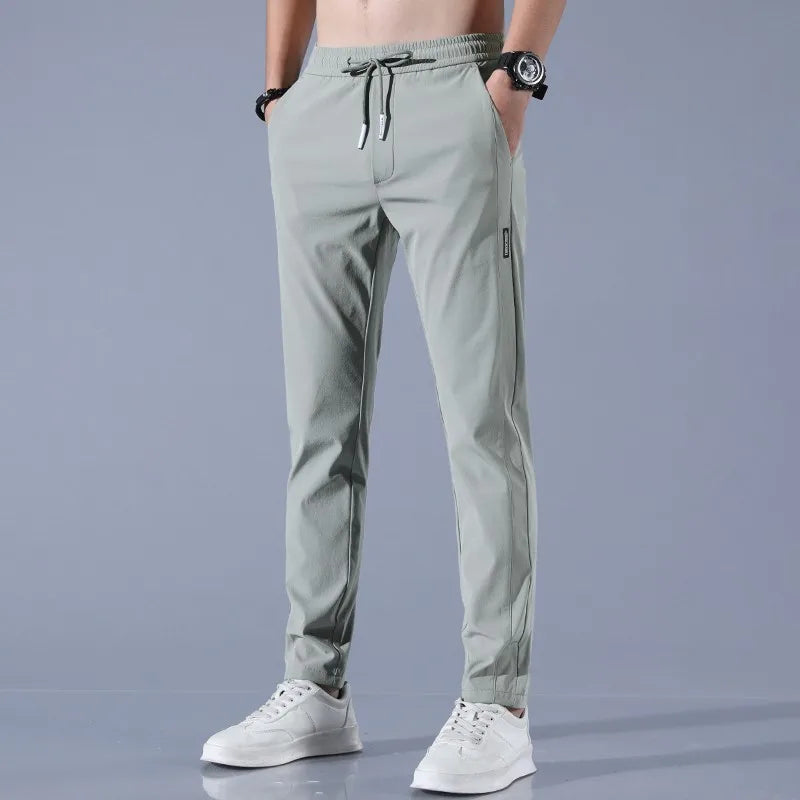 2024 Ice Silk Men's Pants Summer New Black Gray Thin Business Casual Pants Outdoor Elastic Breathable Straight Leg Sweatpants