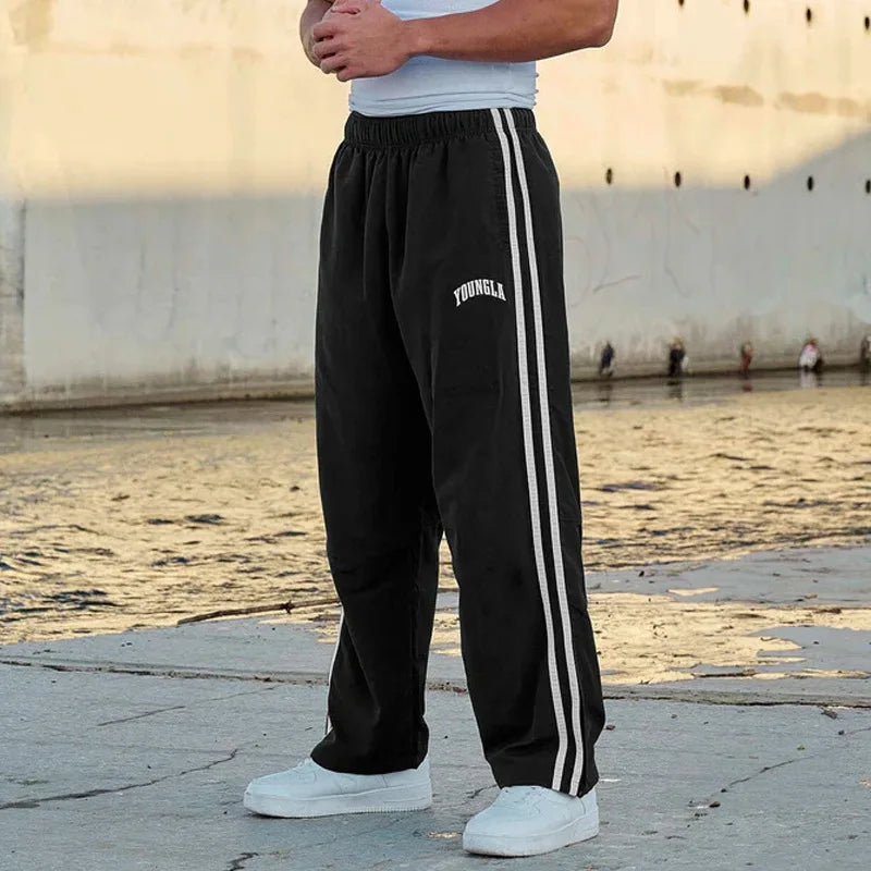 Jogger Men's Sweatpants Gym Sports Fitness Splicing Strips Printing Mid Waist Casual Pants Fashion Men Clothing Wide Leg Pan