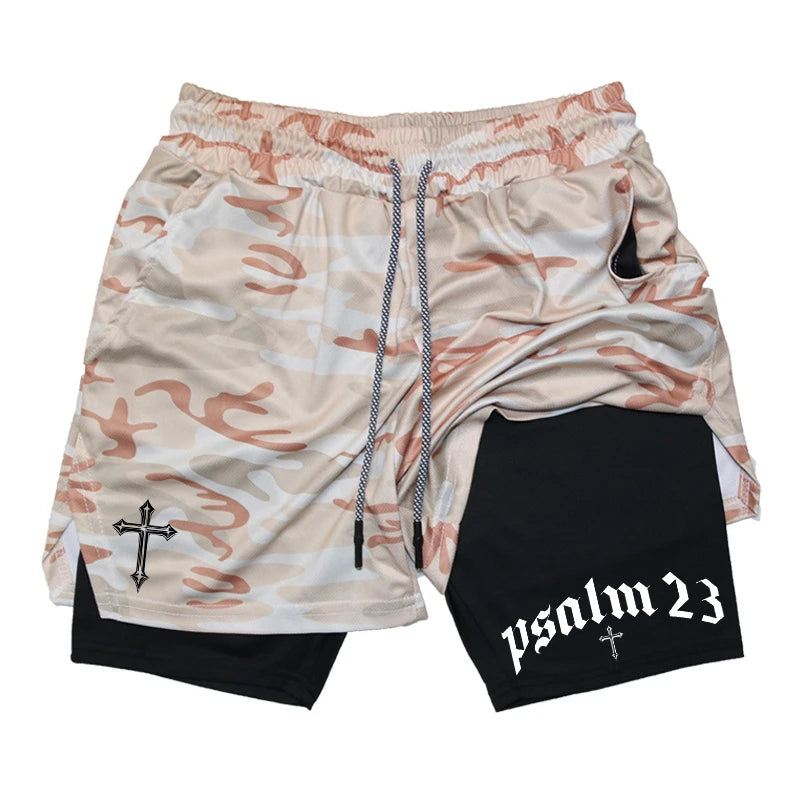 Psalm Cross Print 2 in 1 Workout Running Shorts for Men Gym Athletic Breathable Performance Shorts with Phone Pocket Activewear