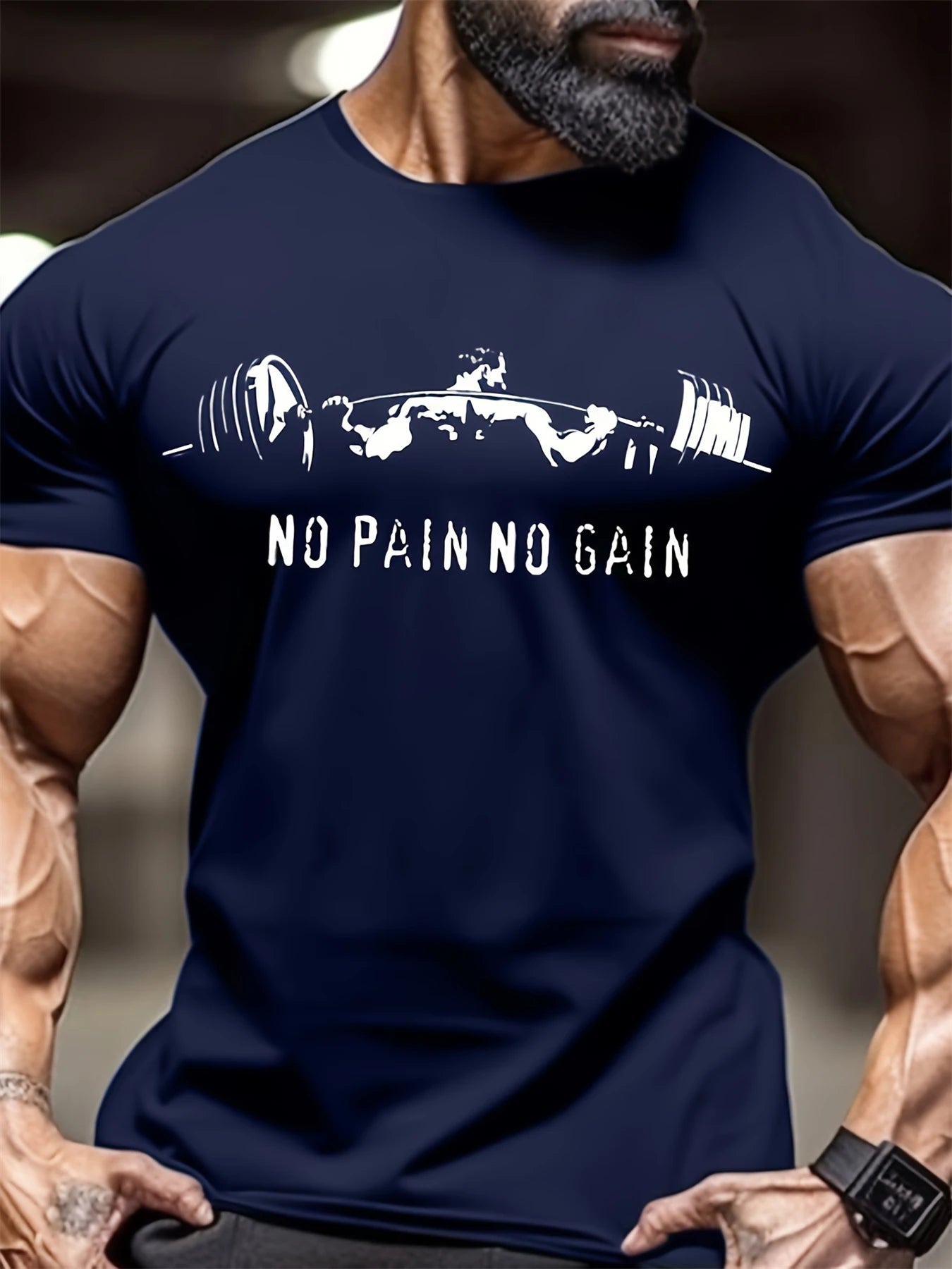 No Pain No Gain Muscle Man Lifting Iron Print Men's Fashion Comfy T-Shirt Oversized Round Neck Short Sleeve Tops Men's Clothing