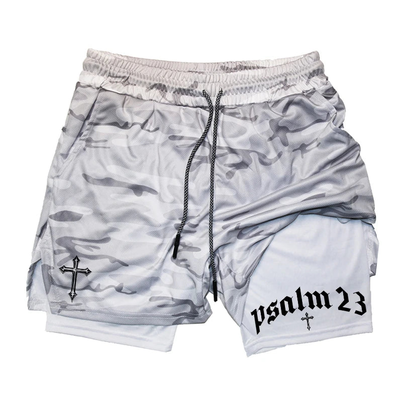 Psalm Cross Print 2 in 1 Workout Running Shorts for Men Gym Athletic Breathable Performance Shorts with Phone Pocket Activewear