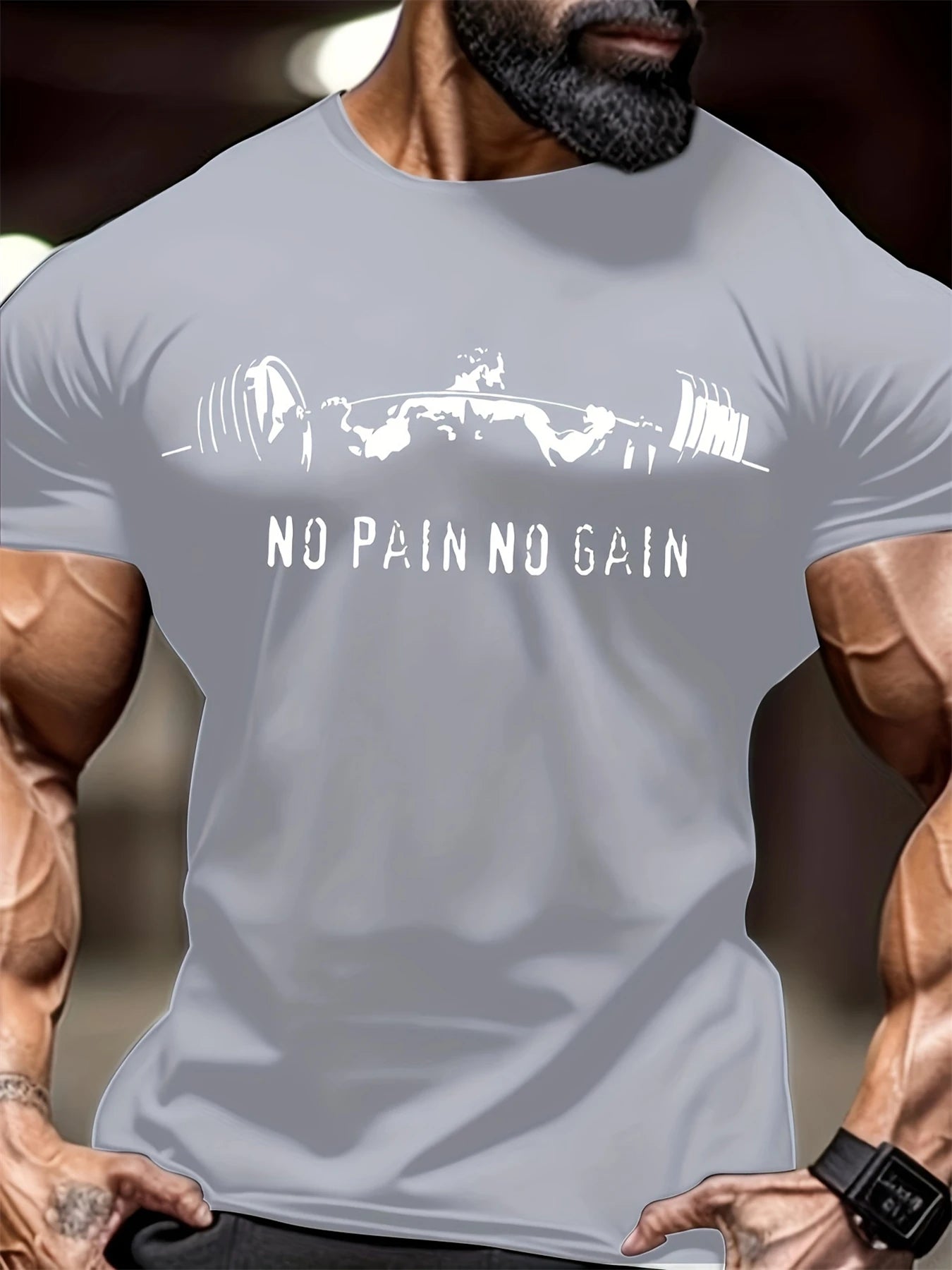 No Pain No Gain Muscle Man Lifting Iron Print Men's Fashion Comfy T-Shirt Oversized Round Neck Short Sleeve Tops Men's Clothing