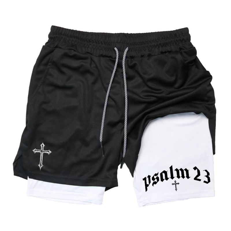 Psalm Cross Print 2 in 1 Workout Running Shorts for Men Gym Athletic Breathable Performance Shorts with Phone Pocket Activewear