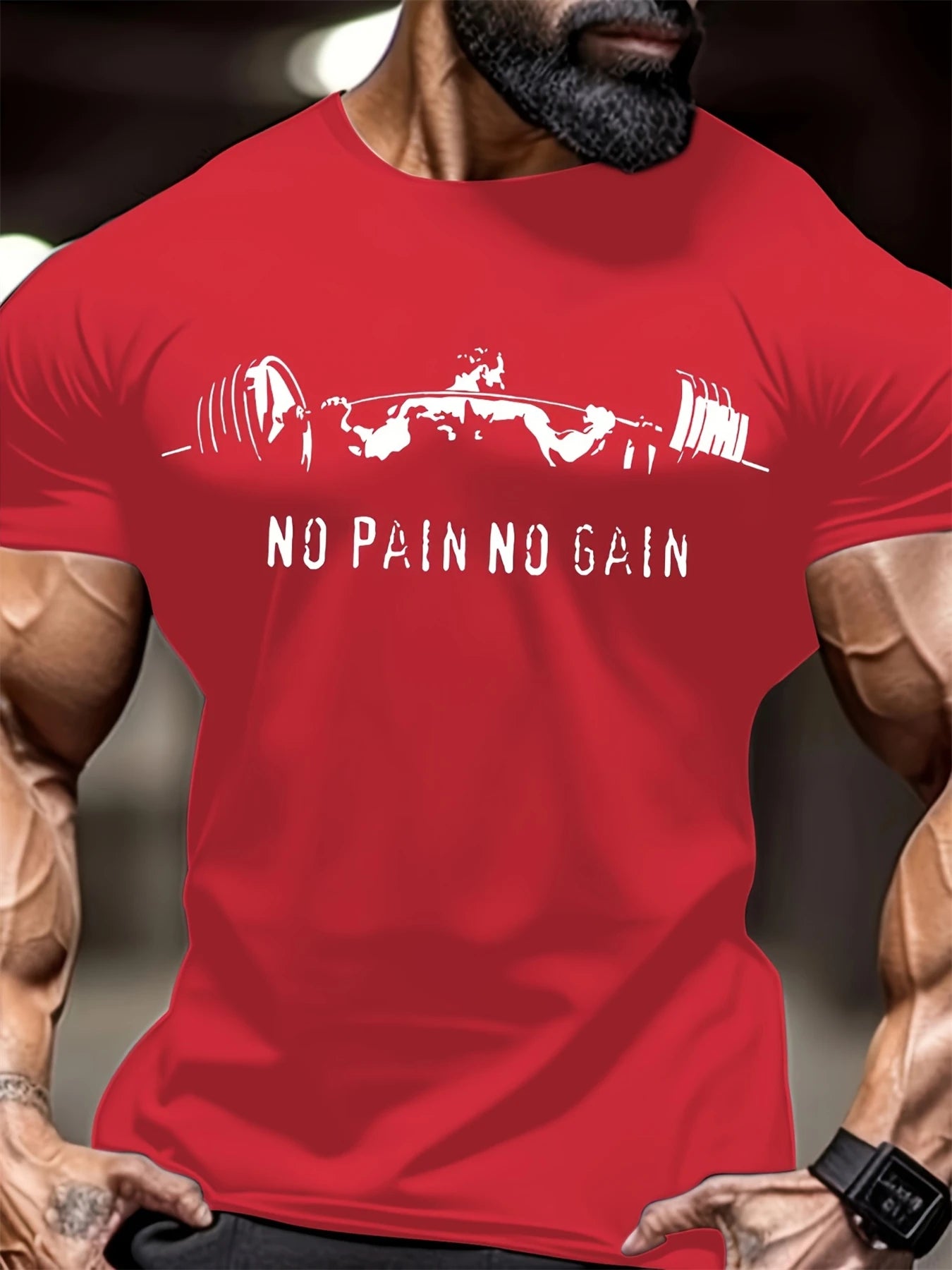 No Pain No Gain Muscle Man Lifting Iron Print Men's Fashion Comfy T-Shirt Oversized Round Neck Short Sleeve Tops Men's Clothing