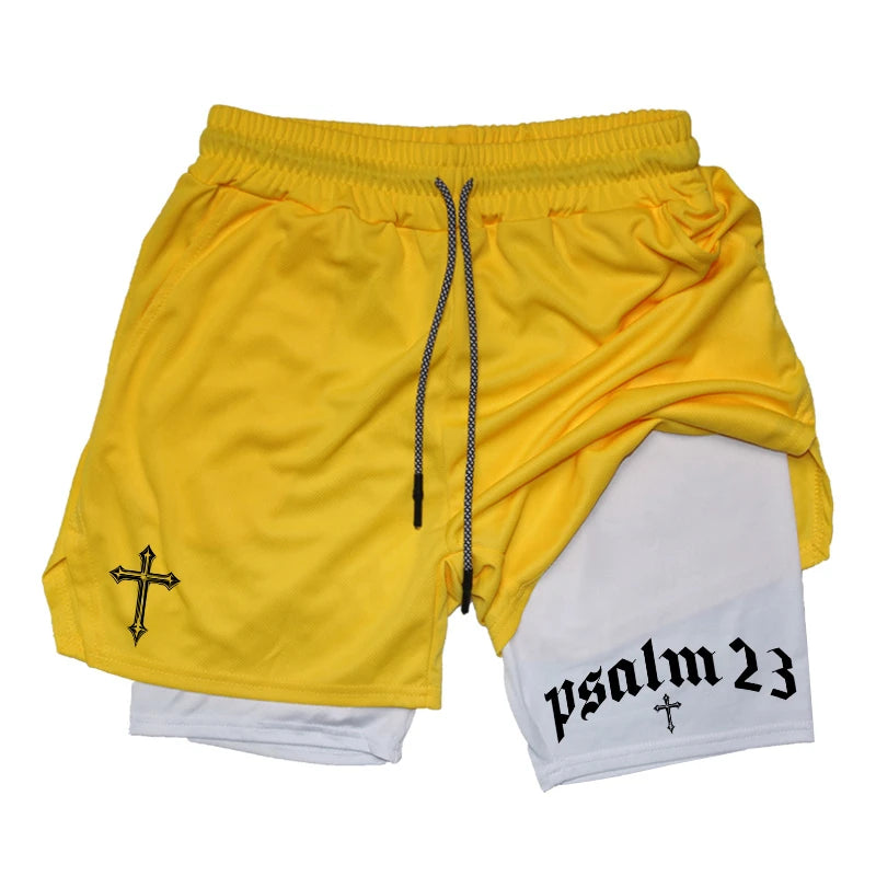 Psalm Cross Print 2 in 1 Workout Running Shorts for Men Gym Athletic Breathable Performance Shorts with Phone Pocket Activewear