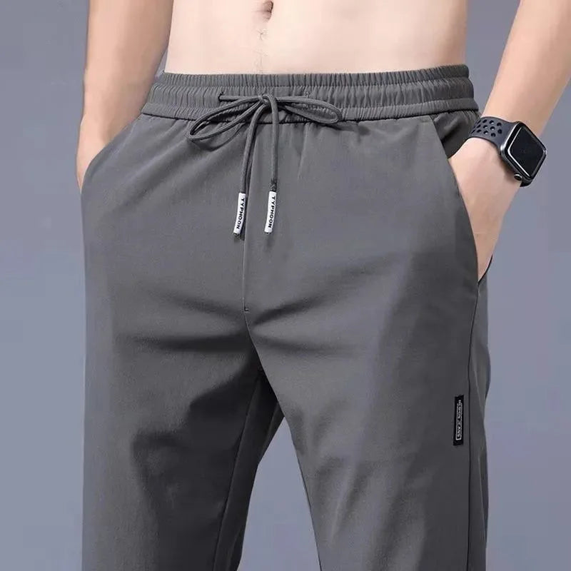 2024 Ice Silk Men's Pants Summer New Black Gray Thin Business Casual Pants Outdoor Elastic Breathable Straight Leg Sweatpants