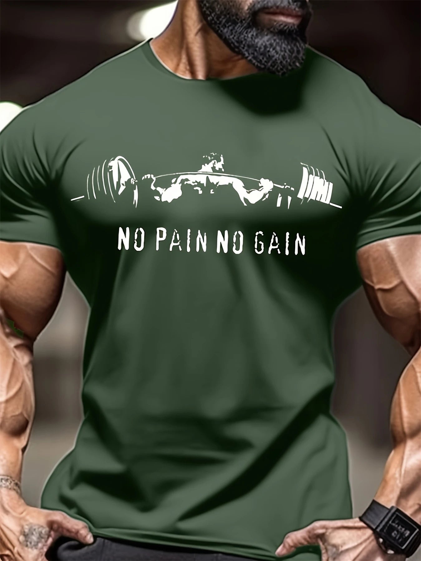 No Pain No Gain Muscle Man Lifting Iron Print Men's Fashion Comfy T-Shirt Oversized Round Neck Short Sleeve Tops Men's Clothing