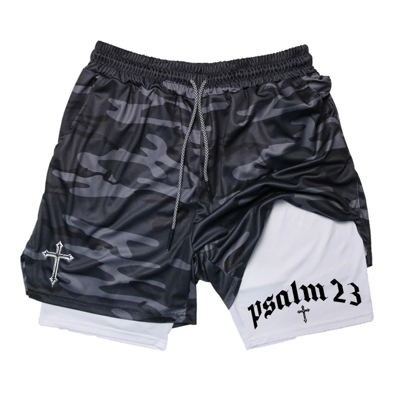 Psalm Cross Print 2 in 1 Workout Running Shorts for Men Gym Athletic Breathable Performance Shorts with Phone Pocket Activewear