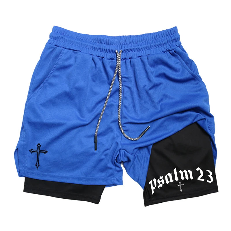 Psalm Cross Print 2 in 1 Workout Running Shorts for Men Gym Athletic Breathable Performance Shorts with Phone Pocket Activewear