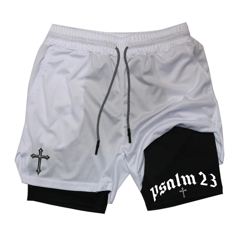 Psalm Cross Print 2 in 1 Workout Running Shorts for Men Gym Athletic Breathable Performance Shorts with Phone Pocket Activewear