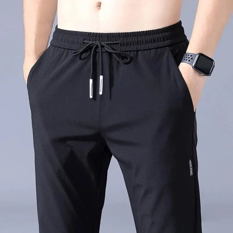 2024 Ice Silk Men's Pants Summer New Black Gray Thin Business Casual Pants Outdoor Elastic Breathable Straight Leg Sweatpants