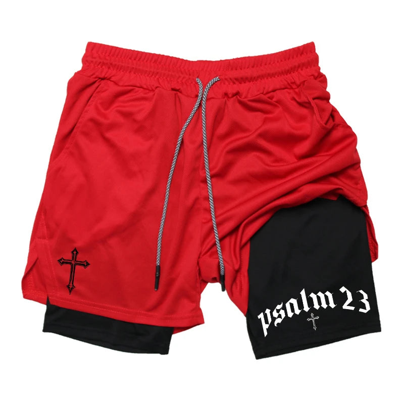 Psalm Cross Print 2 in 1 Workout Running Shorts for Men Gym Athletic Breathable Performance Shorts with Phone Pocket Activewear