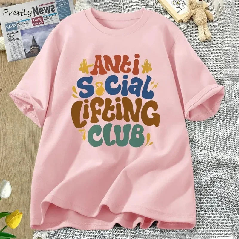 Anti Social Lifting Club Plus Size Retro Tshirt Women Casual Cotton Short Sleeve Tshirt  Tee T Shirt Female Clothing Winter