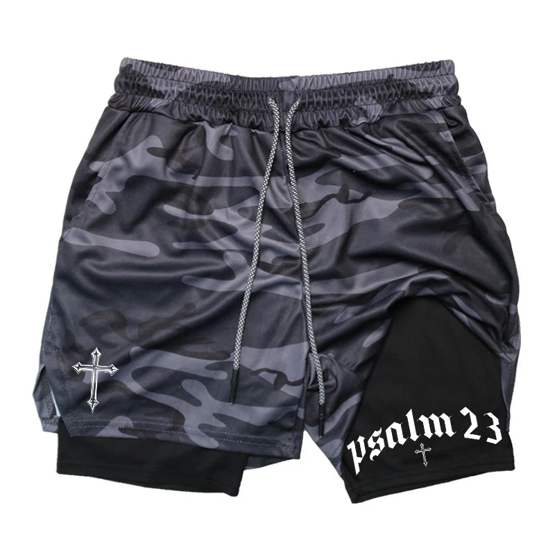 Psalm Cross Print 2 in 1 Workout Running Shorts for Men Gym Athletic Breathable Performance Shorts with Phone Pocket Activewear