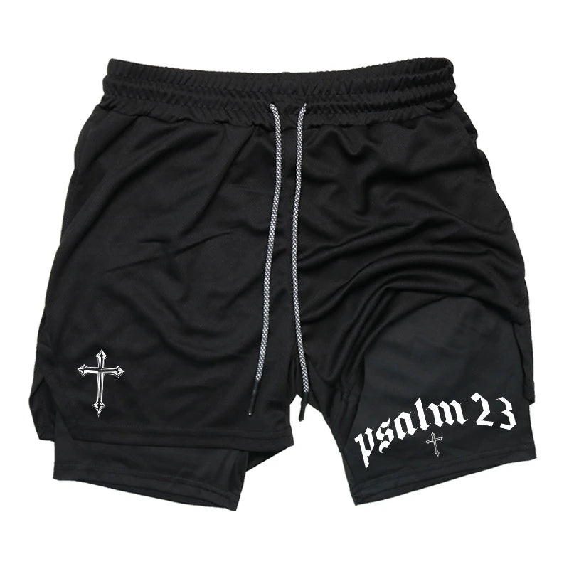 Psalm Cross Print 2 in 1 Workout Running Shorts for Men Gym Athletic Breathable Performance Shorts with Phone Pocket Activewear