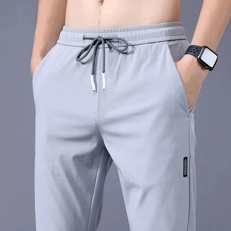 2024 Ice Silk Men's Pants Summer New Black Gray Thin Business Casual Pants Outdoor Elastic Breathable Straight Leg Sweatpants