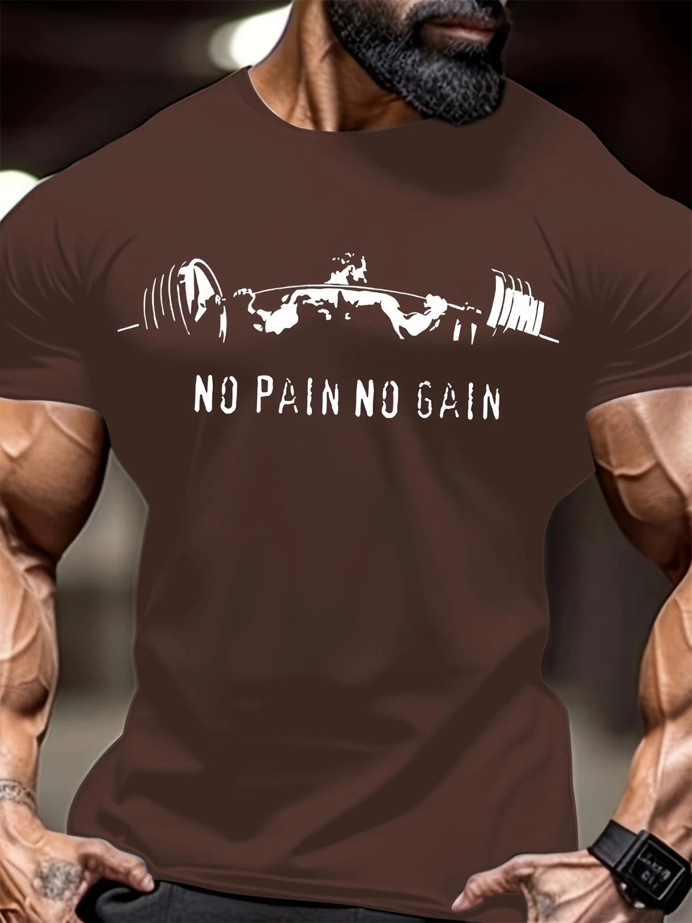 No Pain No Gain Muscle Man Lifting Iron Print Men's Fashion Comfy T-Shirt Oversized Round Neck Short Sleeve Tops Men's Clothing